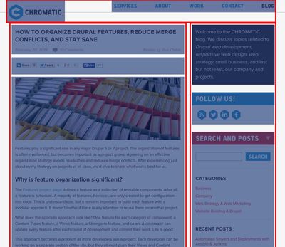 A screenshot of a CHROMATIC blog article with regions outlined and components highlighted.