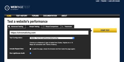 Screen capture of the main WebPageTest interface, depicting a primary textfield to enter a testing URL