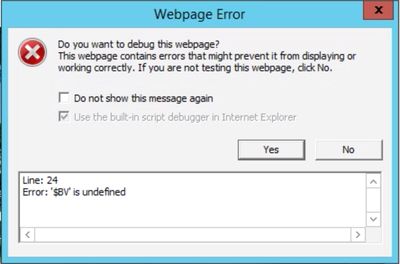 Modal window in IE11 with title that reads: Webpage Error