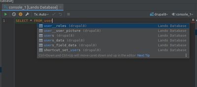 PHPStorm database plugin - console example of query and autocomplete dropdown