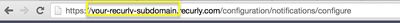 A screenshot of a browser address bar with the URL <https://your-recurly-subdomain.recurly.com/configuration/notifications/configure>. The subdomain your-recurly-subdomain is highlighted.