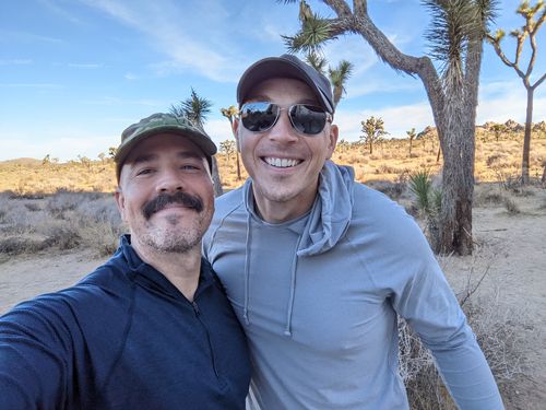 Alfonso and Dave take a selfie between climbs at Joshua Tree National Park.