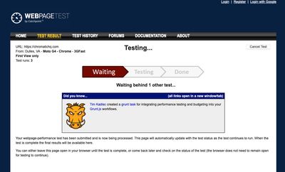 A screen capture of the WebPageTest 'waiting' screen.
