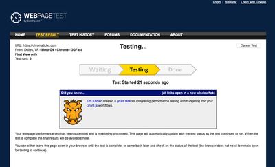 A screen capture of the WebPageTest interface, showing the interstitial 'testing' screen displayed while a test is running.