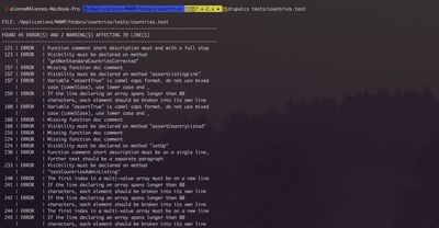 A screenshot of a command line tool showing the errors provided in the codesniffer.