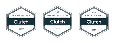 Three clutch.io badges for top drupal developer, global leader and php developers
