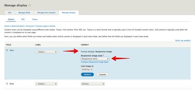 Screenshot of Drupal’s node Manage Display page where the Responsive Image Style is selected for the Hero image field